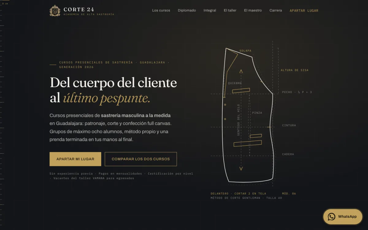 Portada del sitio de CORTE 24, academia de sastrería